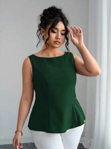 Elenzga Blusa senza maniche con coulisse in vita, tinta unita, taglie comode per donna - Verde Scuro - Visualizzare 3