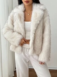 SHEIN PETITE Women's Solid Color Lapel NeckLong Sleeve Loose Faux Fur White Coat In Fall/Winter - White - View 3