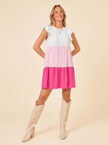 Coeurva Vestido informal de mujer con parches tejidos, cuello redondo, manga corta y bloque de color para primavera/verano - Rosa - Ver 6