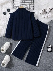 SHEIN Explorewe Baby Girl Ribbed Texture Color Block Ruffle Splice Zipper Stand Collar Casual Sports Suit Fall Winter - Royal Blue - View 2