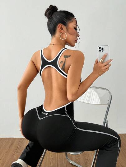 Dewbera 女士撞色露背个性化运动标语长喇叭裤，修身休闲瑜伽连体裤，适合日常穿着