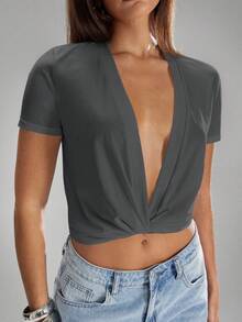 Denimoi Camiseta de manga corta con cuello en pico y detalle de nudo delantero - Gris Oscuro - Ver 2