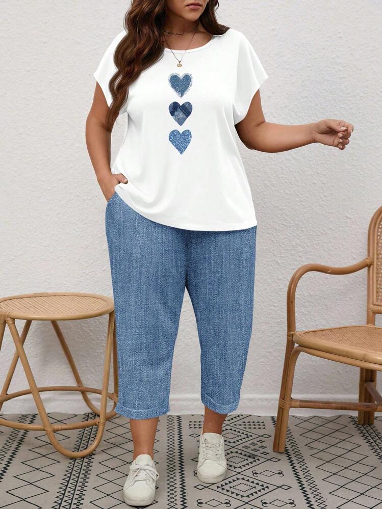 EMERY ROSE Completo casual a due pezzi con stampa a cuore, adatto per l'estate, taglie comode - Multicolore - Visualizzare 7