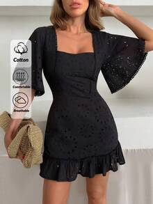 SHEIN Cottnline Váy ngắn thanh lịch tay bèo thêu cho nữ - màu đen - Xem 1