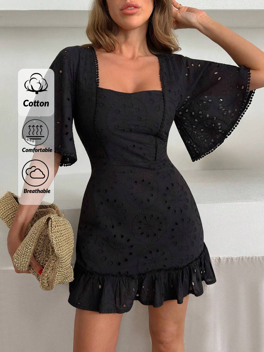 SHEIN Cottnline Váy ngắn thanh lịch tay bèo thêu cho nữ - màu đen - Xem 1