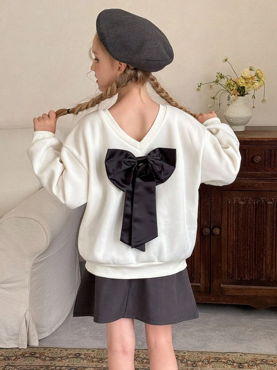 LMoss Kids LMoss 青少年女孩純色圓領衛衣,附3D蝴蝶結,冬季適用,長袖上衣,秋冬套裝,長袖,秋季 - 米色 - 查看 1