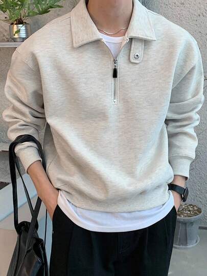 DAZY 男士纯色 Polo 领可调节纽扣套头卫衣，秋冬四分之一拉链款