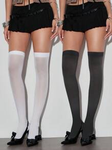 ROMWE Goth 2 Pairs Simple And Versatile College Style Over The Knee Socks - Multicolor - View 1