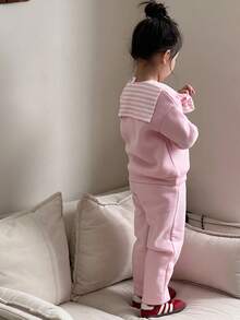 SHEIN 3pcs/Set Young Girl Light Pink Sweatshirt,Matching Pants & Striped Shawl,Back-To-School Summer Career Day Cute Round Neck Long Sleeve Outfits - Pink - View 7