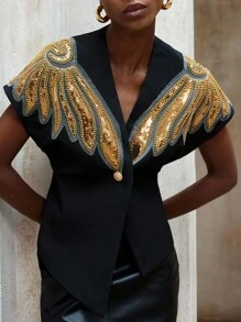 2026 Modichic Blusa de verano con hombros acolchados, con cuello en V, manga corta, bajo asimétrico, contrastes de color y bordados florales con cuentas para uso versátil y diario - Multicolor 2 - Ver 3