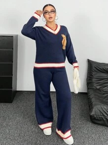 Sunnyshic Plus Size Women's Cute Bear Pattern Jacquard Knit V-Neck Sweater & Pants Set,Navy Blue,Autumn,Casual,School,Back-To-School 2-Piece Sweater Set - Royal Blue - View 4