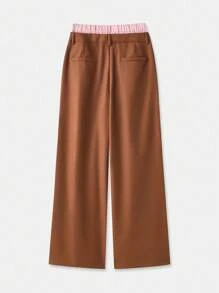lacRébo Brown Wide-Leg Trousers With Layered Look And Contrast Striped Waistband Going Out Back To School Spring Summer - Brown - View 7