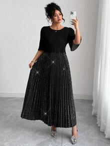 Elenzga Elegantes plissiertes Chiffonkleid in Unifarbe in Große Größen, geeignet für Partys, Frühling/Sommer - Schwarz - Übersicht 3