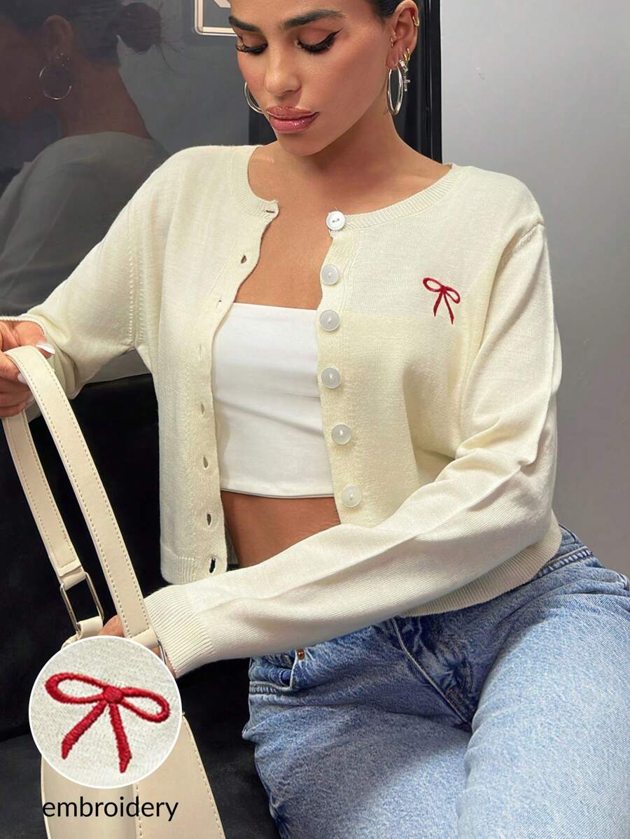 EURMUSE "Butter Yellow Regular Fit Knit Cardigan With Red Bow Detail And Button Closure - Beige - View 1