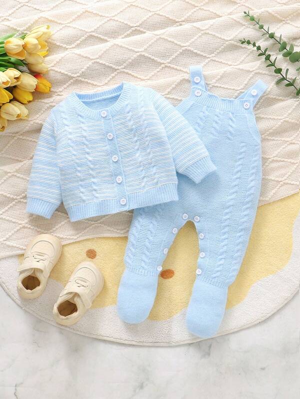 SHEIN 2pcs Baby Boys' Cute Blue Striped Knit Cardigan Sweater & Knit Bib Pants Set,Soft & Comfortable Fall Autumn Outfit For Matching Family,Daily Wear