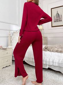 SHEIN 2件套蝴蝶结装饰撞色罗纹针织女式休闲长袖上衣和裤子套装，秋冬服装，舒适套装，圣诞节 - 酒紅色 - 查看 3