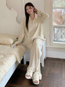 Dazy Plus Contrast Color Patchwork Shirt Collar Loose Ruffle Hem Casual Top & Wide Leg Pants Warm Pajama Set, Plus Size Women Spring/Fall Sleepwear - Apricot - View 5