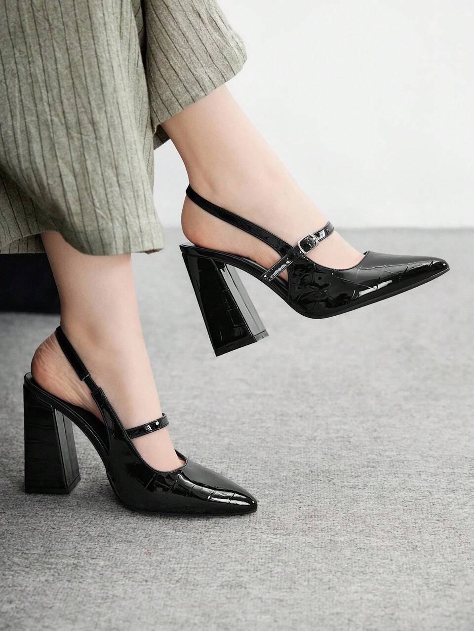 CUCCOO BIZCHIC Simple Basic Black Pointed Toe Strap Chunky Heel Shoes For Women For Christmas Spring Shoes