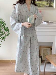 1 件 Ditsy 花卉 V 领甜美风格睡袍，春秋格子印花长袖浴袍，高端家居服适合日常居家、度假、户外、酒店，是洗完澡后回到学校居家和度假的理想选择 - 彩色 - 查看 6