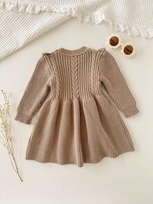 Cozy Pixies 女婴纯色圆领荷叶边下摆长袖腰部合身针织毛衣裙