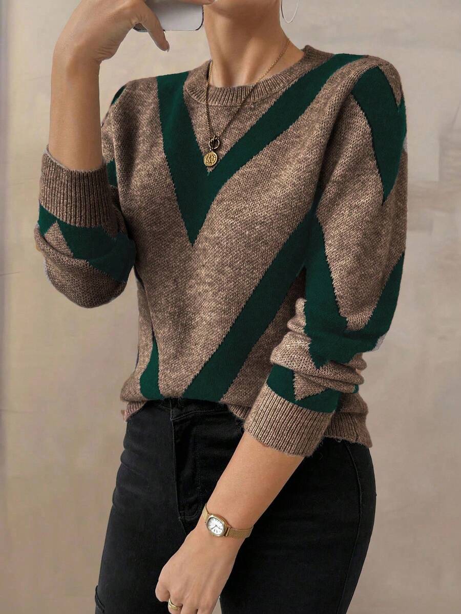 2024 Autumn/Winter New Arrival Geometric Striped Pullover Sweater Fall Cloth For Women Fall Sweaters Green Sweater Women Sweaters Brown Sweater - Multicolor - View 1