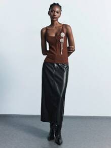 Maija 2025 Elegant Modern Textured Floral Embroidery Loose Fit Knit Tank Top, Versatile For Early Autumn, Academic Style, Party Season Brown Knit Top Rust Brown Top Knit Top Women Brown Top Women Tie Up Top Cute Boho Country Women, Fall For Women,Winter For Women,Winter,Night Out,Going Out Tops Women, Night Out,Date Night,Old Money Style