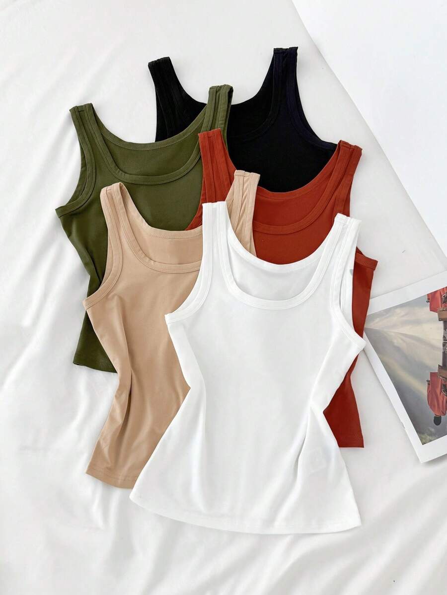 SHEIN LUNE Women's Solid Color Round Neck Casual Versatile Tank Top