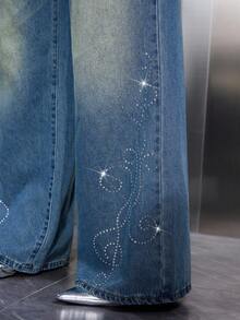 SHEIN Unity Plus Size Blue Mid-Waist Flared Rhinestone Embellished Loose Fit Jeans Party - Blue - View 6