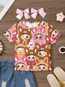 SHEIN Áo thun ngắn tay cổ tròn in hình thỏ Bubu dễ thương kiểu anime retro vintage tối giản dành cho bé gái của Happikins, thích hợp cho mùa hè, mùa thu, thoải mái, thời trang, mặc thường ngày, họa tiết bắt mắt, đi học, dự tiệc, dã ngoại ngoài trời, chụp ảnh đường phố, ở nhà, trong khuôn viên trường, thư giãn. - Nhiều màu - Xem 2