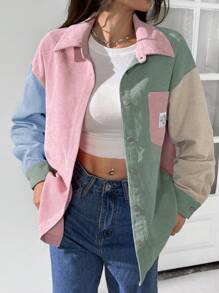 SHEIN EZwear 休闲多色落肩夹克，带口袋和衣领，适合日常穿着，灯芯绒夹克，女士夹克，秋冬拼色夹克 - 彩色 - 查看 3