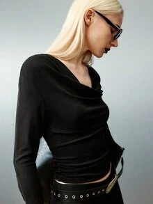 Airlisse Women's Elegant Sexy Draped Neck Sequin Ruched Cropped Top, Black - Black - View 5