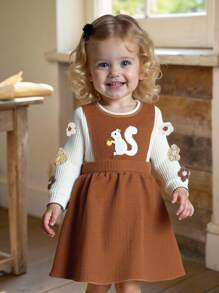 SHEIN Vintaside Kids 女婴可爱刺绣松鼠图案长袖上衣和连衣裙，背带裙秋季服装，可爱甜美，适合秋冬各种场合 - 棕色 - 查看 7
