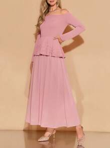 Amorya Women's New Off Shoulder & Chiffon Skirt 2 Pieces Set, Pink, Elegant For Daily Wear, Autumn Elegant Midi Dress Pink Chic Autumn - Pink - View 11
