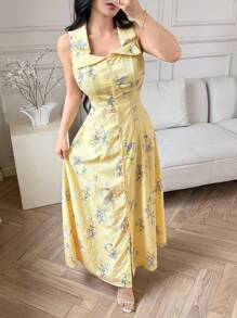 Modelyn 时尚浪漫的女士花卉印花长裙，采用特殊面料制成 - 黃色 - 查看 5