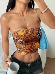 SHEIN EZwear 休闲简约褶皱紧身垃圾摇滚风格腰果花和佩斯利复古印花抹胸，适合夏季、度假、音乐节 - 彩色 - 查看 6