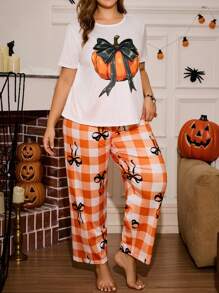 Miss Vinta Plus Size Bow Pumpkin Halloween Plaid Print Short Sleeve Pajama Set - Multicolor - View 3