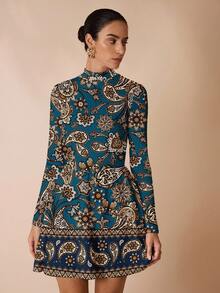 Glamance Polina Brazil 玫瑰印花优雅休闲简约女装，适合秋冬季佩斯利印花连衣裙高领连衣裙佩斯利连衣裙女装孔雀裙长袖佩斯利连衣裙 - 彩色 - 查看 1