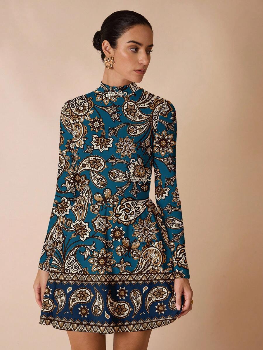 Glamance Polina Brazil 玫瑰印花优雅休闲简约女装，适合秋冬季佩斯利印花连衣裙高领连衣裙佩斯利连衣裙女装孔雀裙长袖佩斯利连衣裙 - 彩色 - 查看 1