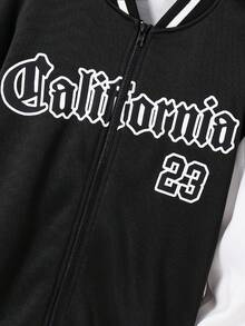 SHEIN Tween Boys' Black Autumn Smart Back-To-School Baseball Collar Jacket,Letter Print Patchwork Contrast Sleeve Loose Open Front Jacket For School,Sports - Black and White - View 10