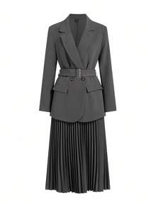 Ellevyn Bộ vest blazer thanh lịch và chân váy xếp ly cho nữ, phù hợp cho việc đi lại hàng ngày, hoạt động ngoài trời và nhiều dịp khác nhau, mùa thu - Xám - Xem 10
