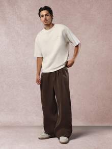 SUMWON 褶皱阔腿休闲裤高级阔腿裤正式商务专业办公室装高腰休闲长裤 - 棕色 - 查看 5