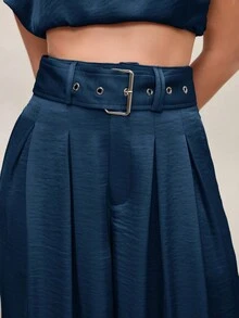 Arave Women's Elegant Satin Pleated Wide Leg Pants,Navy Blue Summer Office High-Waisted Solid Color Minimalist Long Pants For Fall Autumn Commuting - Blue - View 3