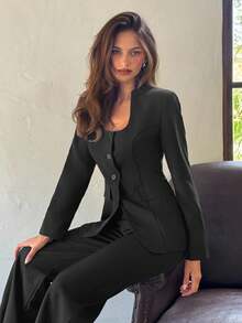 Aloruh 女士U领单排扣西装外套，秋冬新品 - 黑色 - 查看 1