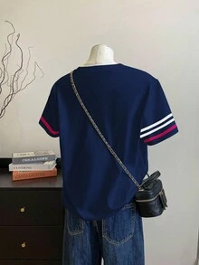 INAWLY 夏季女式修身T恤，饰有马术骑手和红色条纹印花 - 彩色 - 查看 2