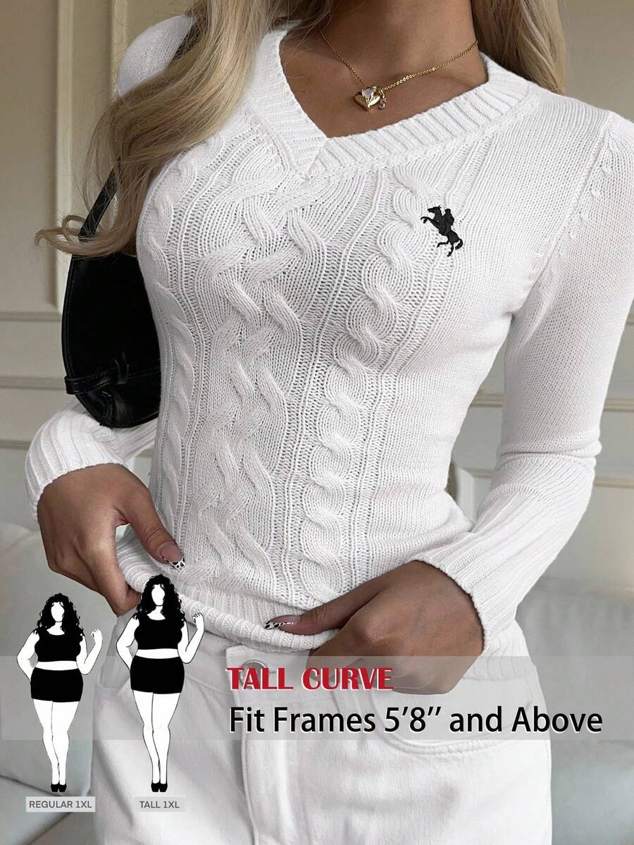SHEIN Tall CURVE 大尺碼女款騎士圖案長袖V領針織衫,2026年秋冬 - 白色 - 查看 1