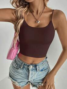 SHEIN Tall Women's Casual Solid Color Metal Buckle Strap Camisole Top Brown Crop Top Built In Bra Top Women Brown Top - Brown - View 7
