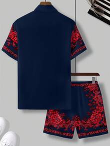 Manfinity Homme 男士大码花卉印花衬衫和短裤套装 - 寶藍色 - 查看 2