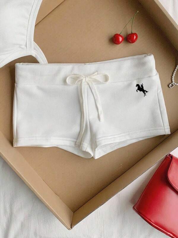 Comfortcana Casual Minimalist White Pattern Drawstring Slim Fit Shorts Women's Sportswear