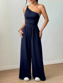 SHEIN Unity 女式休闲户外扭纹褶皱宽松直筒黑色连体裤，春夏 - 藏蓝色 - 查看 3