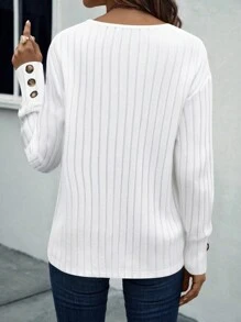 EMERY ROSE Women's Solid Color Ribbed V-Neck Dropped Shoulder Long Sleeve Casual Loose T-Shirt - White - View 2
